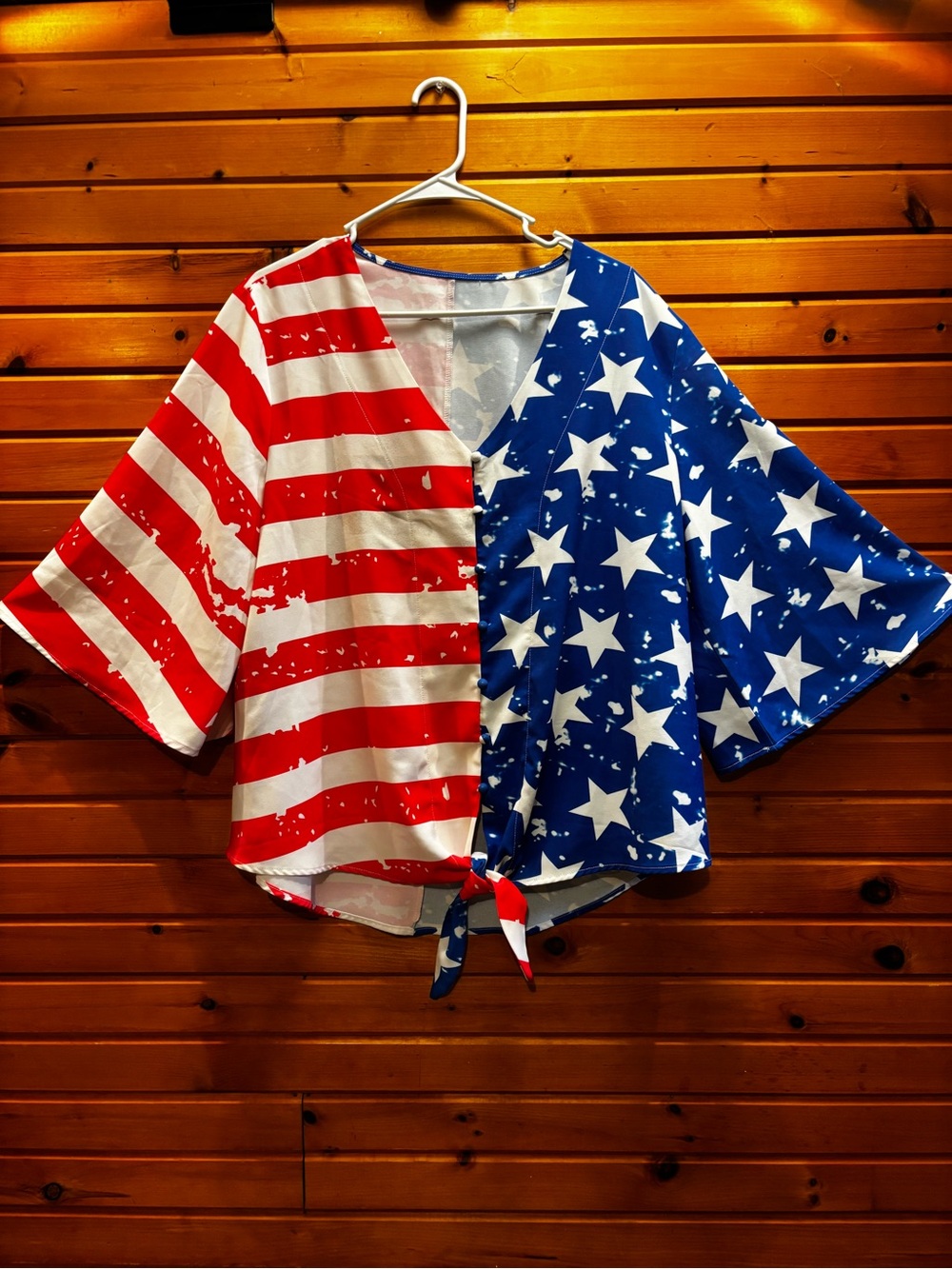 Knot-Front V-Neck Blouse in Red, White & Blue Stars and Stripes